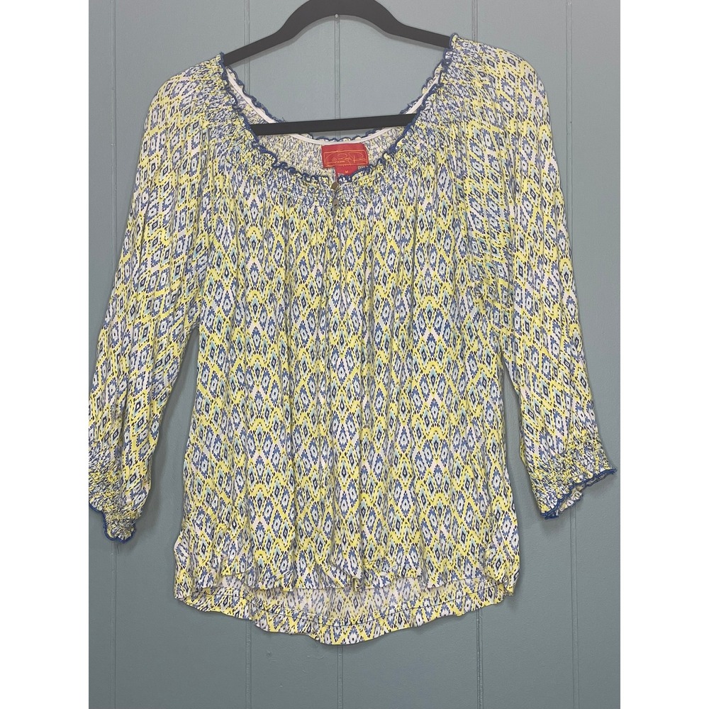 Ruby Road Blouse Womens Medium Yellow Blue Excellent Smocked Ikat Rayon Top